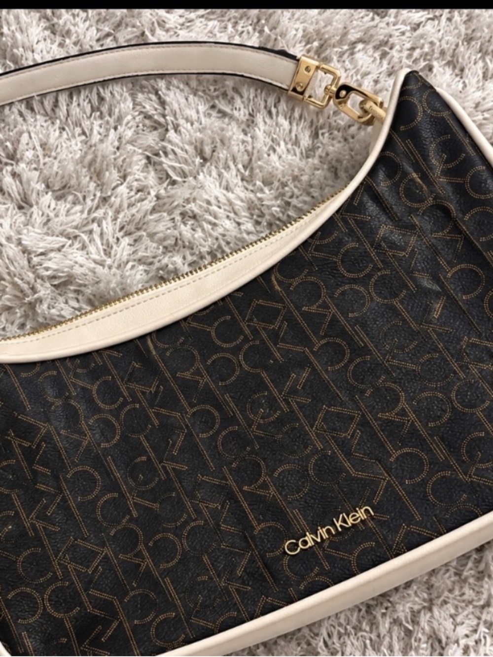 Calvin Klein Black Monogram Shoulder Bag with Cream Trim